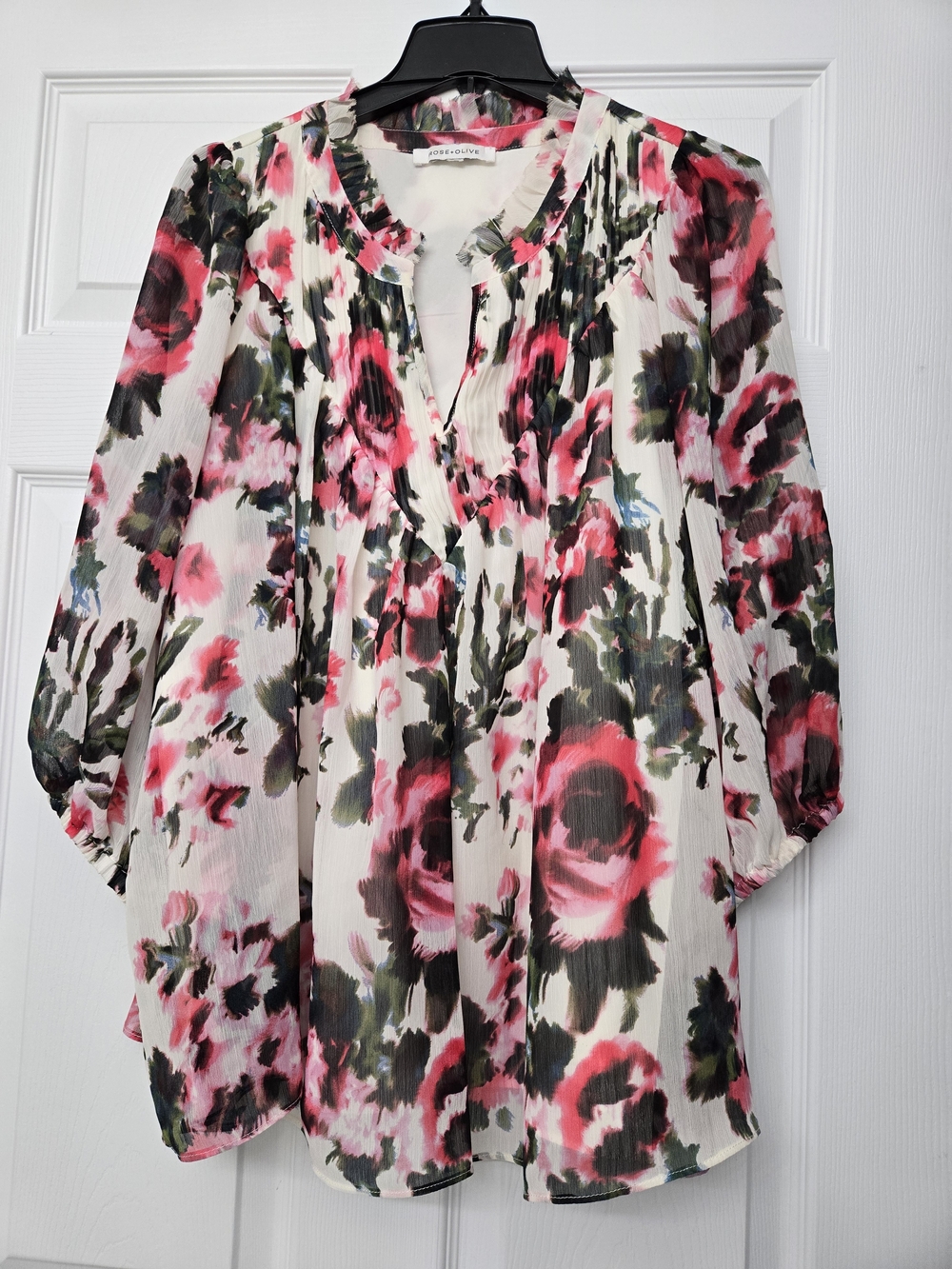 Women's Floral Pintuck Blouse - Pink & Green With Sheer Balloon Sleeves